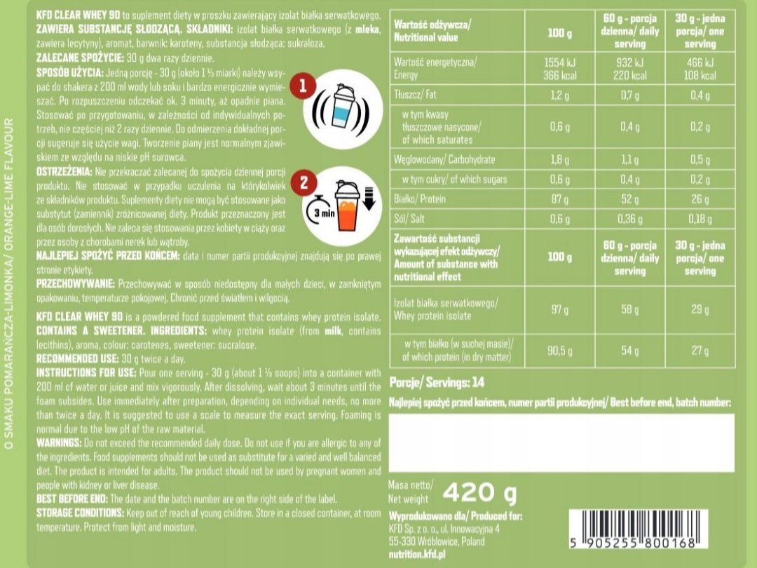 CLEAR WHEY 90 KFD PREMIUM 420G POMARAŃCZA LIMONKA